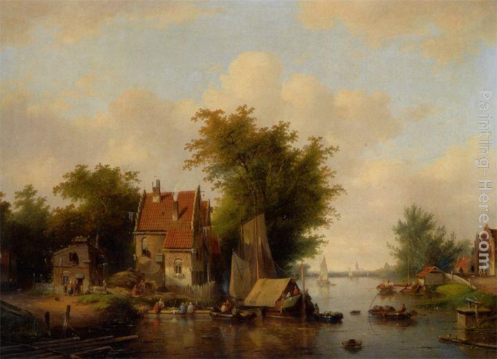 Jacobus Van Der Stok A river landscape with many figures by a village